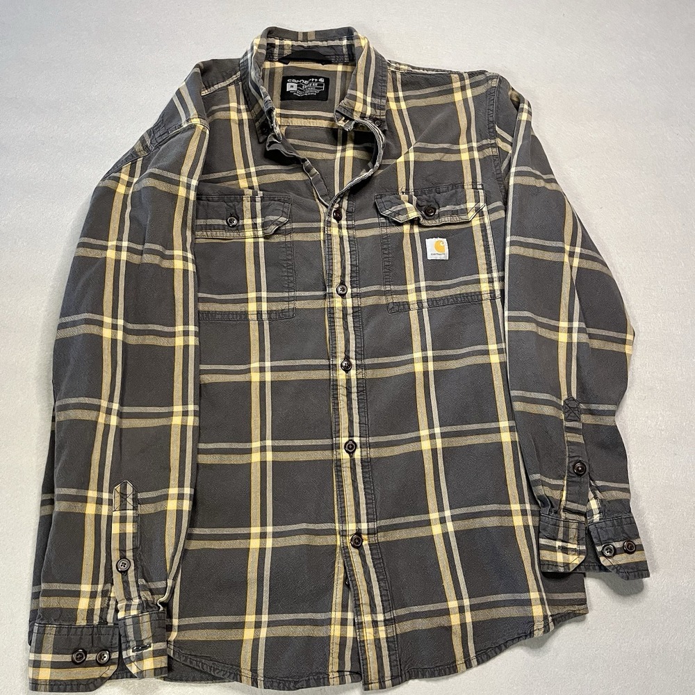 Carhartt M Cotton Plaid Button-Up Shirt Gray Yellow Long Sleeve Casual Loose Fit